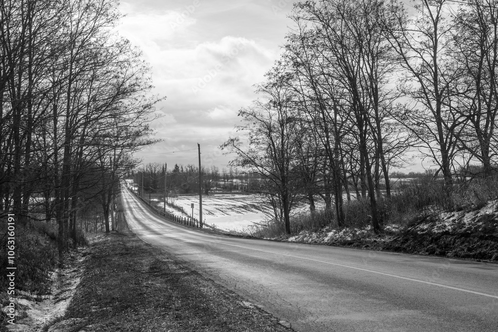 Black and white photo of an empty country road in late winter Ontario, Canada Black and white photo of an empty country road in late winter Ontario, Canada