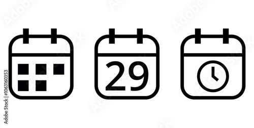 Simple outline calendar icons isolated on transparent background, calendar icon with specific day marked, day 29.