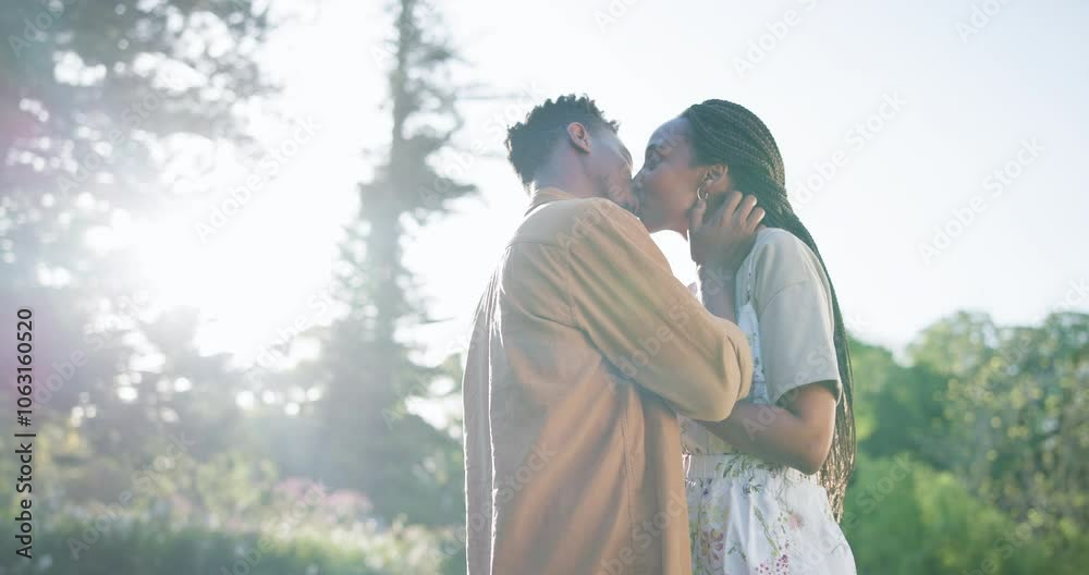 Kiss, outdoor and black couple with love in nature for romance date on vacation or holiday. Happy, care and African man and woman with connection, marriage and bonding in garden on weekend trip. Kiss, outdoor and black couple with love in nature for romance date on vacation or holiday. Happy, care and African man and woman with connection, marriage and bonding in garden on weekend trip.