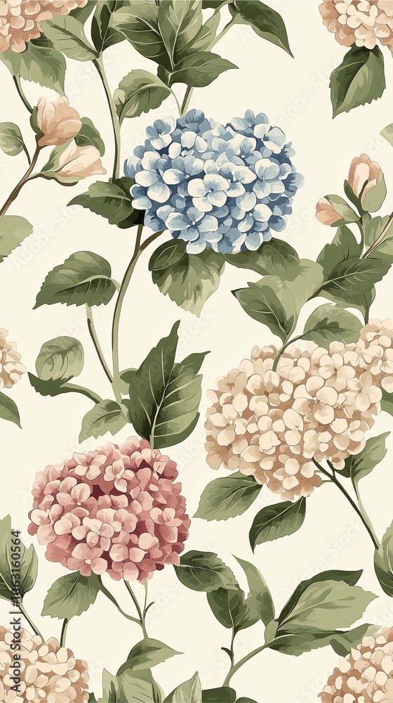 A beautiful floral pattern featuring blue, pink, and cream hydrangeas with lush green leaves on a light background. A beautiful floral pattern featuring blue, pink, and cream hydrangeas with lush green leaves on a light background.