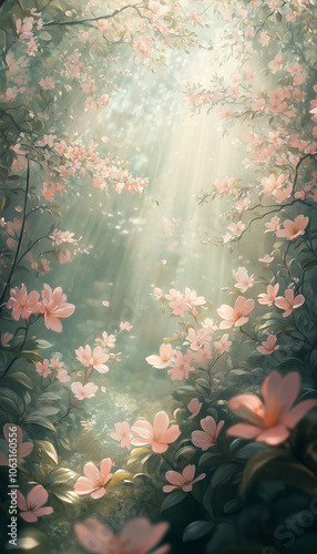 Phone wallpaper of a blossoming garden with delicate flowers in pastel pinks, soft greens, and light yellows, bathed in gentle sunlight; photo