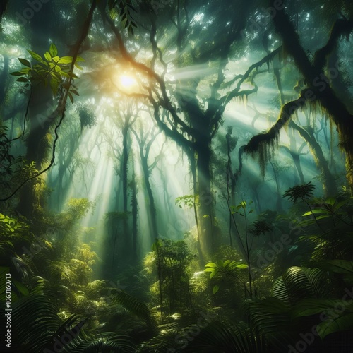 Rainforest Canopy A dense rainforest canopy with rays of sunligh
