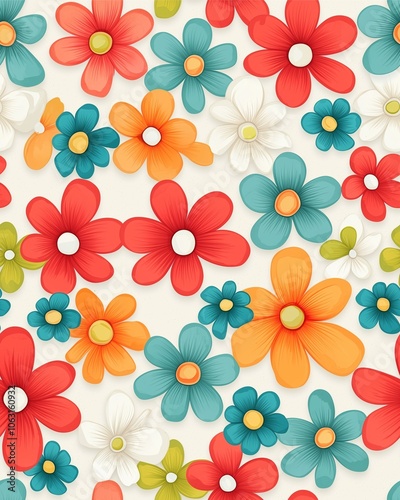 A vibrant floral pattern featuring colorful flowers in red, blue, orange, and green against a light background.