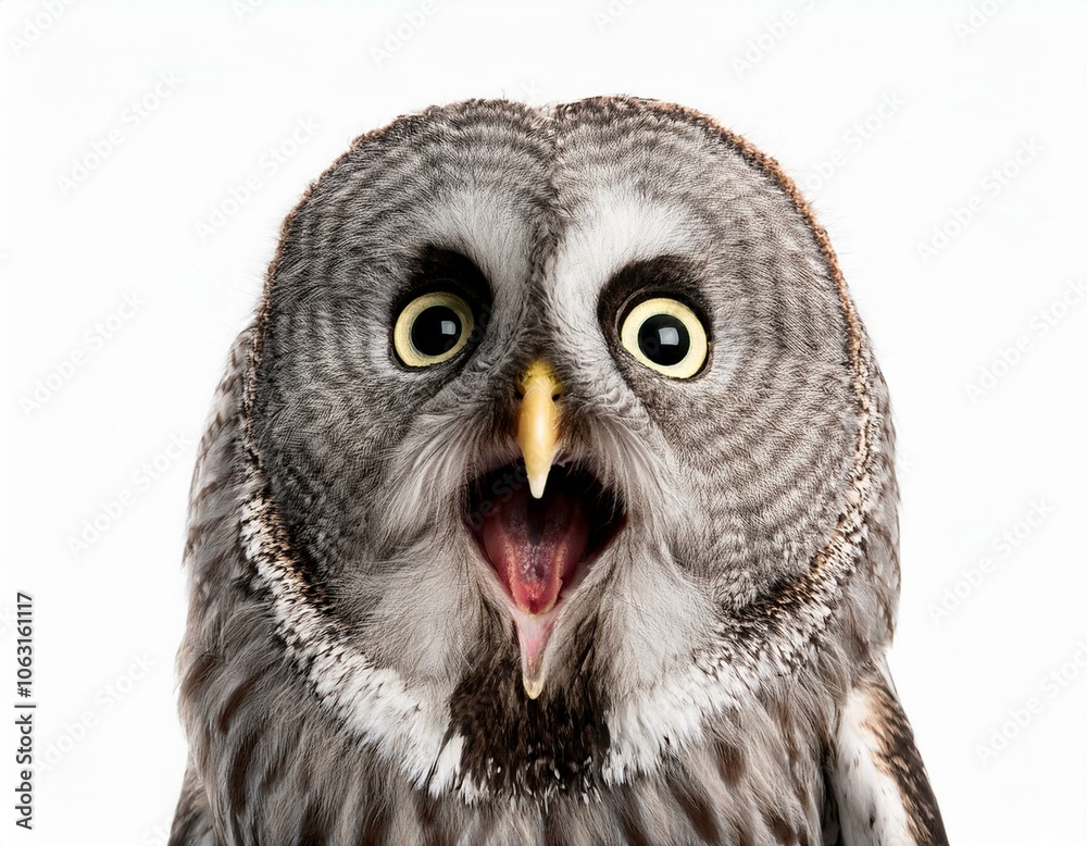 Obraz premium 驚いているフクロウ（Surprised Ural owl on white background） 