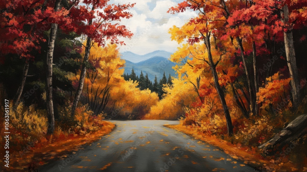 Fototapeta premium A scenic mountain drive through brilliant autumn trees,