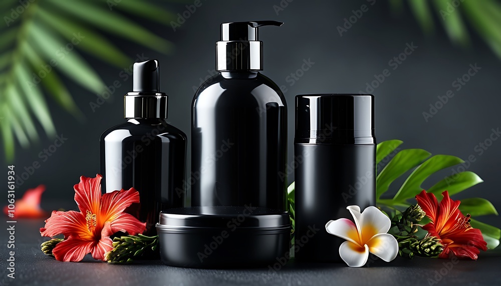 Black Cosmetic Bottles and Containers on Dark Background Black Cosmetic Bottles and Containers on Dark Background