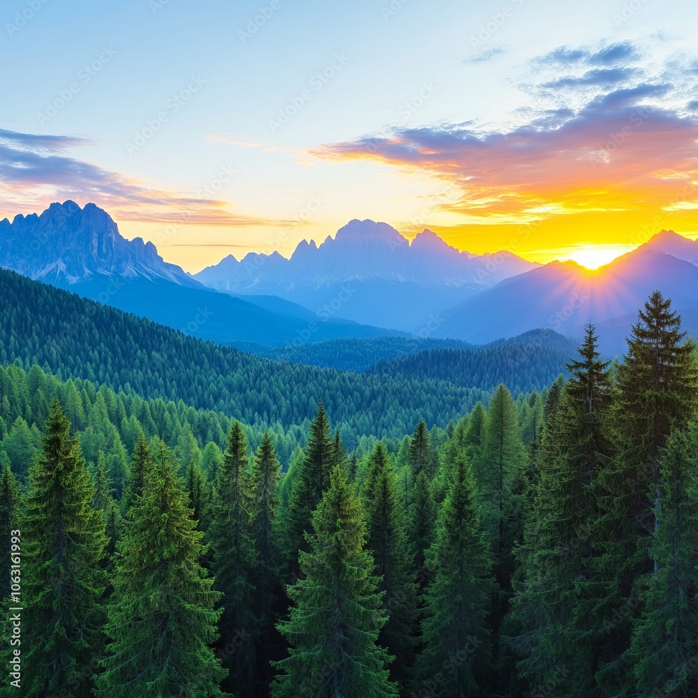 Fototapeta premium A breathtaking sunset over a lush mountain landscape with evergreen trees.