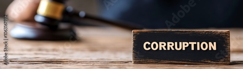 A close-up view of a gavel next to a plaque that reads corruption, symbolizing legal issues and unethical practices.