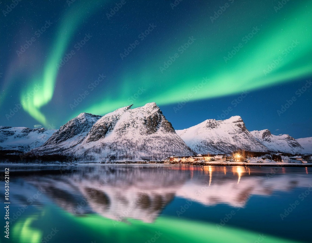 Naklejka premium Spectacular Northern Lights Illuminating Snowy Mountains and Serene Water in Norway During Winter Night