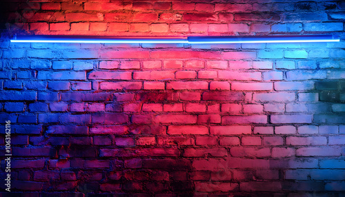 Red and Blue Neon Light on Unplastered Brick Wall Creating Vibrant Urban Nightclub Atmosphere for Background and Texture