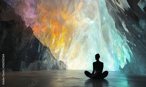 Silhouette of woman meditating in a crystal cave.