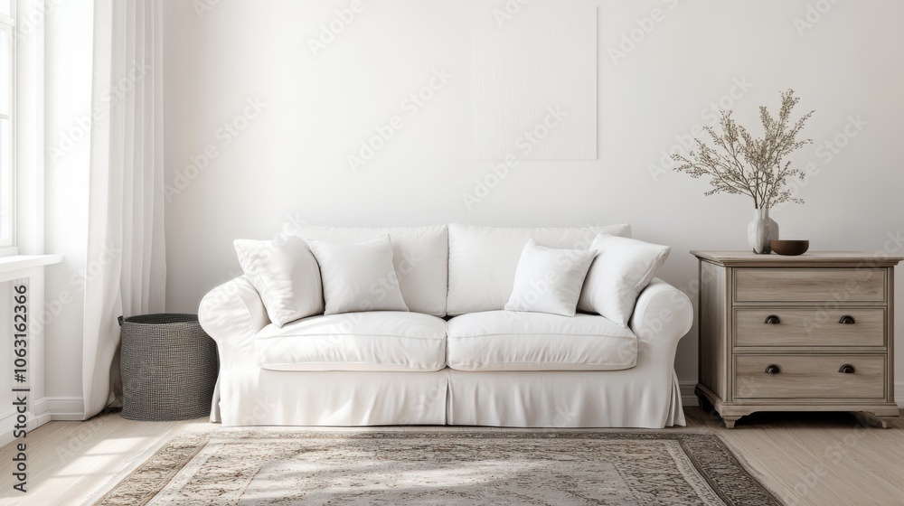 Obraz premium A serene white living room with a comfortable sofa,