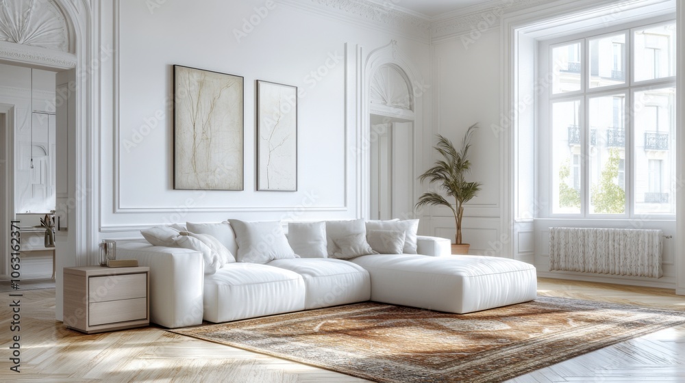 Fototapeta premium A serene white living room with a comfortable sofa,