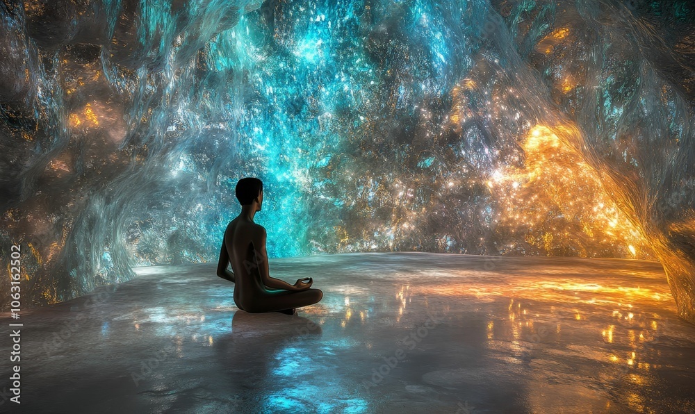 Fototapeta premium A person meditating in a cave with stars.