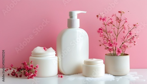 White Soap Dispenser and Jar on White Surface with Pink Background