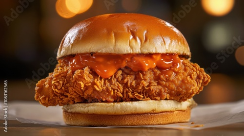 A side angle shot of a Popeyes sandwich with a generous serving photo