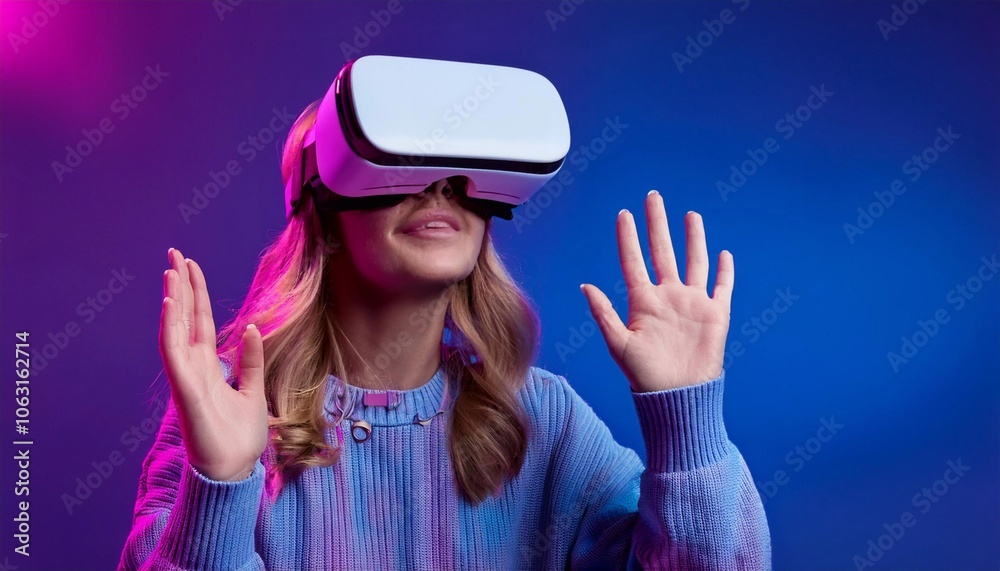 Young woman interacting with virtual reality using headset and gestures on blue background Young woman interacting with virtual reality using headset and gestures on blue background
