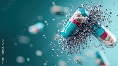 A dynamic, vibrant capture of capsules breaking apart, revealing their contents in motion, symbolizing health, wellness, and the technological advances in medicine. photo