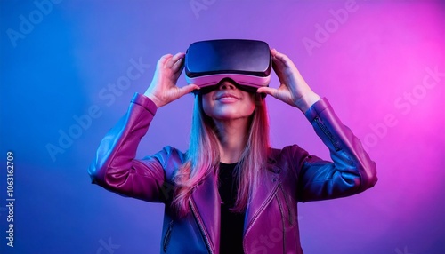 Woman wearing virtual reality headset experiencing metaverse in cyberpunk style photo