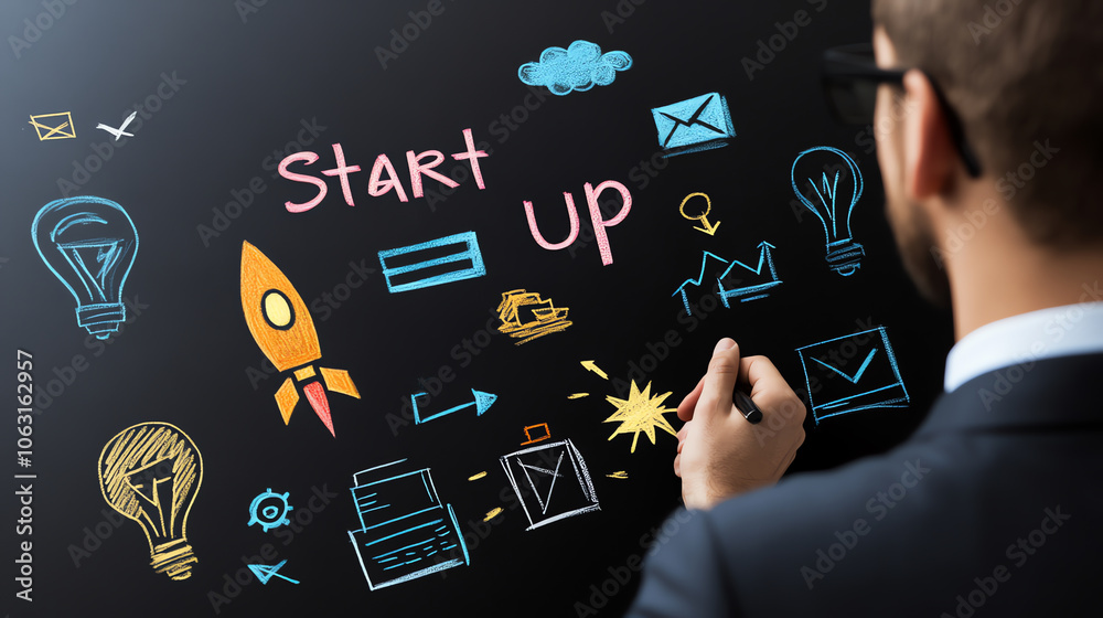 Businessman Planning Startup Strategy on Chalkboard