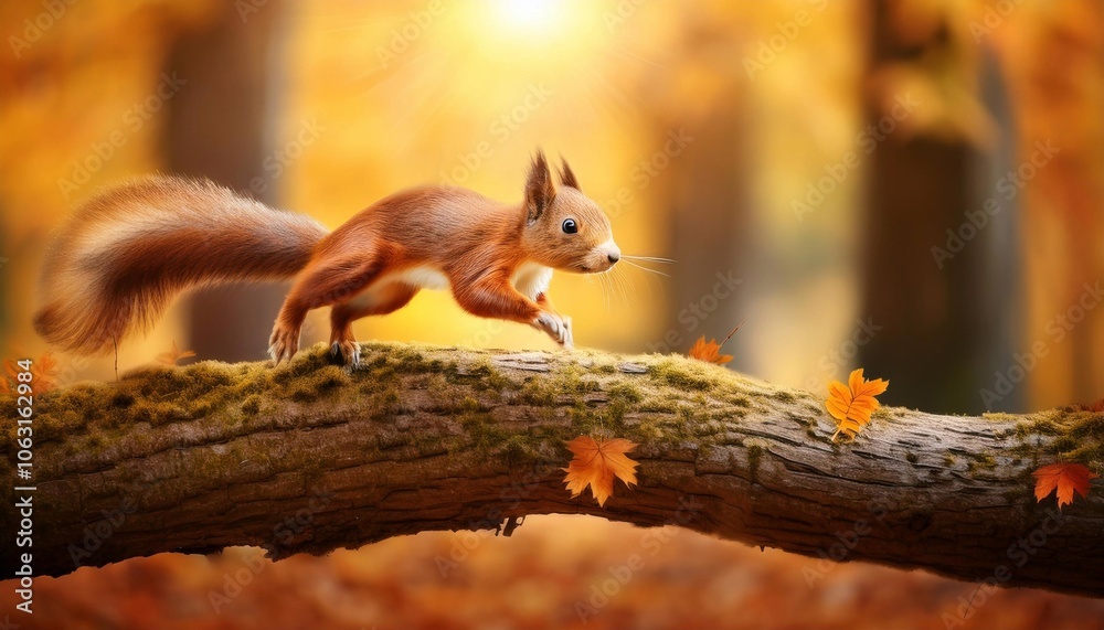 Eurasian red squirrel running on a mossy branch in autumn forest Eurasian red squirrel running on a mossy branch in autumn forest
