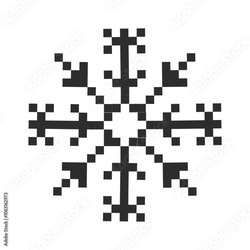 Pixel snowflake winter retro pixilated 8 bit game stamp. Holiday flake ornament. Simple crystal ornament. 