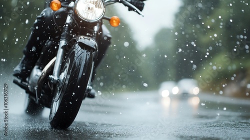 A motorcycle rides through rain-soaked streets, showcasing the dynamic energy of a wet weather journey.