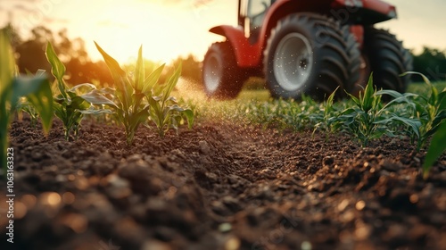 A vibrant red tractor diligently plows through fertile soil in a green field under the warm glow of a setting sun, symbolizing hard work and rural life. photo