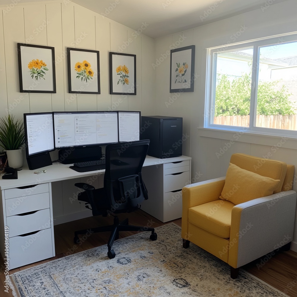 Fototapeta premium A modern home office with dual monitors, a cozy chair, and floral decor.