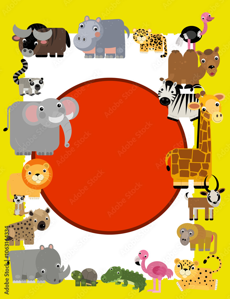 Obraz premium cartoon scene with frame border template with african animals and nature like elephant ape cat cheetah bird flamingo alligator crocodile hyena and other with space for text illustration for children