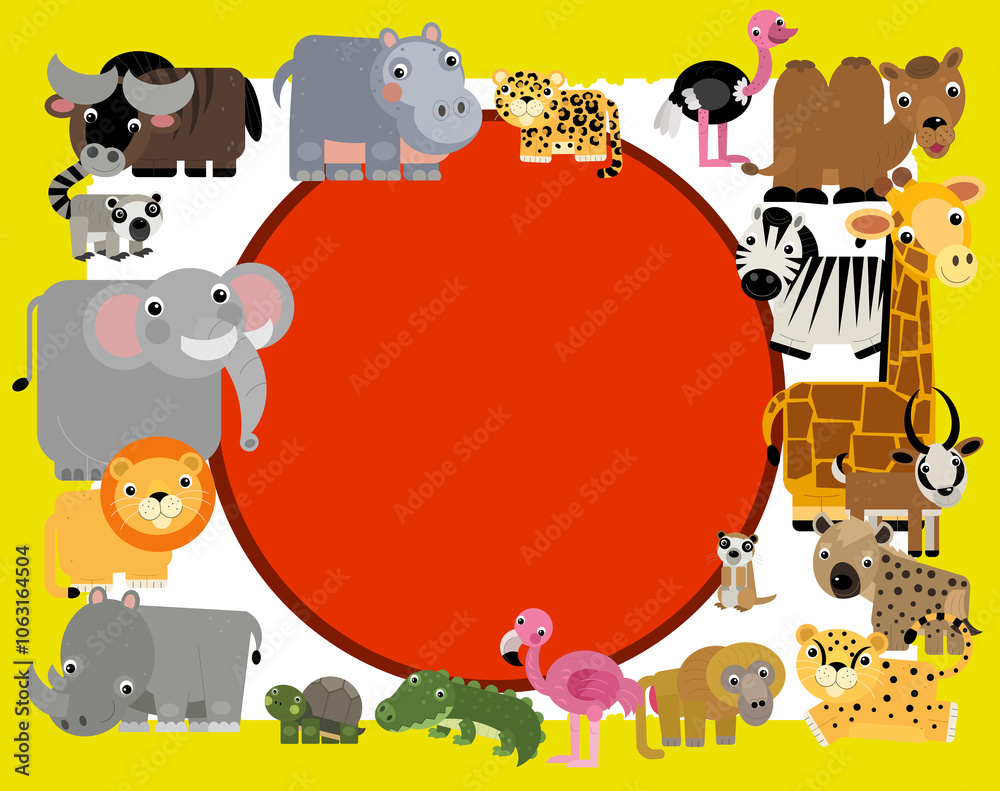 Obraz premium cartoon scene with frame border template with african animals and nature like elephant ape cat cheetah bird flamingo alligator crocodile hyena and other with space for text illustration for children