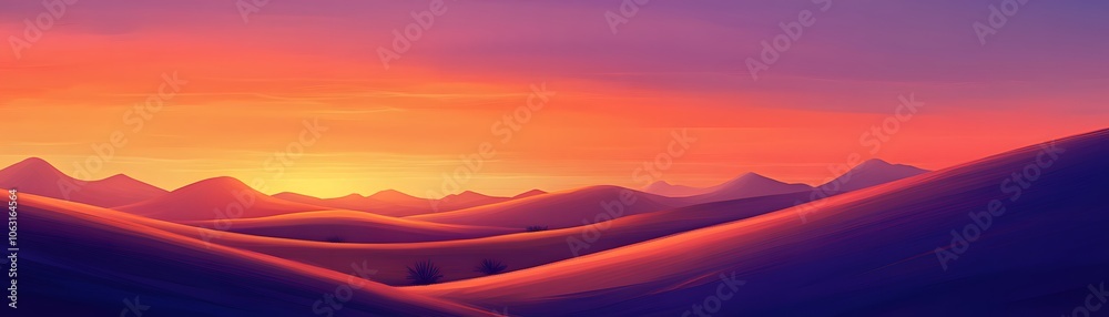 Sunset Over a Serene Desert Landscape with Rolling Hills and Sparse Vegetation Sunset Over a Serene Desert Landscape with Rolling Hills and Sparse Vegetation