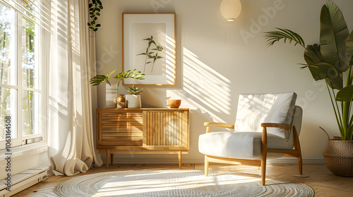 Light chill interior with chair and drawer, panoramic window and mockup frame