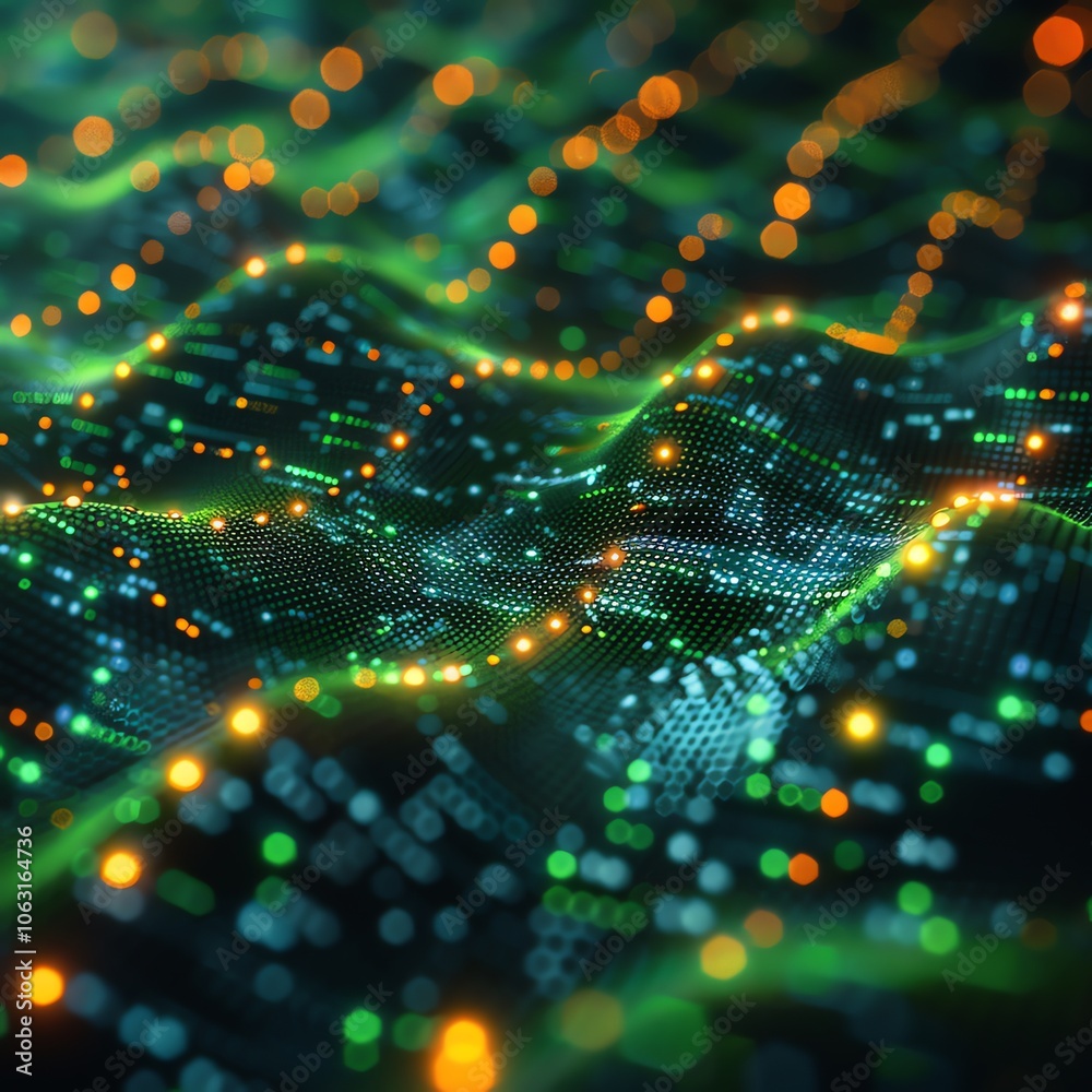 Abstract digital landscape with glowing lights and wavy lines. Abstract digital landscape with glowing lights and wavy lines.