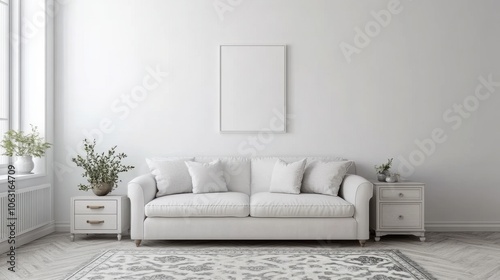 A spacious white living room interior with a simple