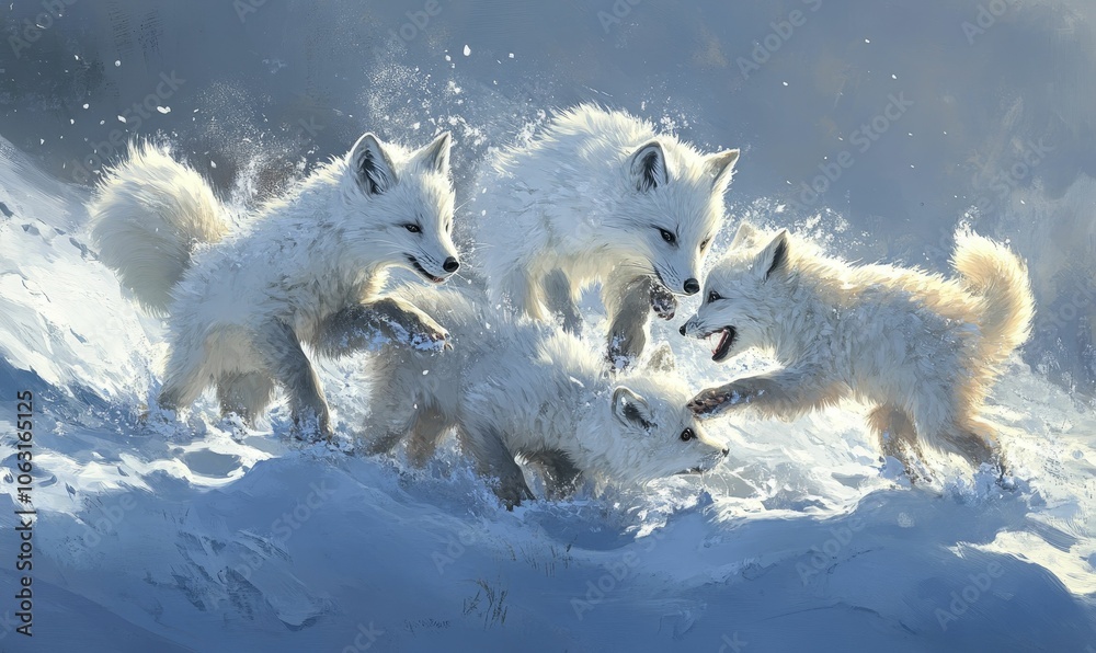 Fototapeta premium Four white arctic foxes playing in snow.