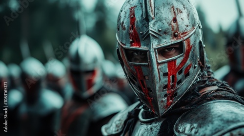 A close-up of a knight's face through a metal helmet adorned with red markings, set in a dynamic battlefield, exemplifying focus and determination in medieval combat. photo