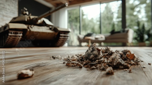 A military tank is positioned inside a modern room on a wooden floor, with scattered debris revealing the incongruity of a combat vehicle in a domestic setting. photo