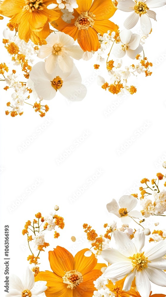 frame with indian yellow and white flowers in paster colors. vogue. aesthetic. white background,generative ai frame with indian yellow and white flowers in paster colors. vogue. aesthetic. white background,generative ai