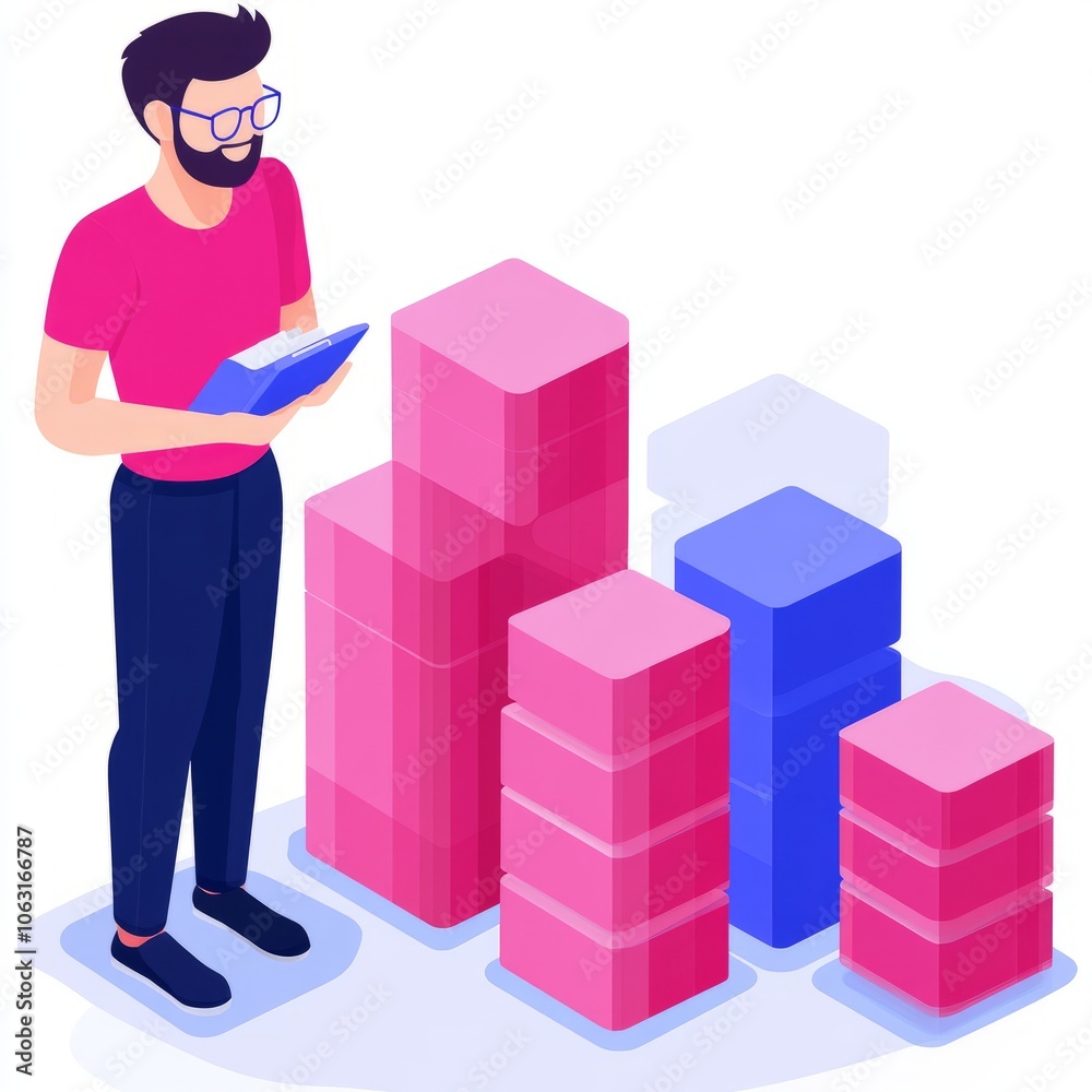A person analyzing data represented by colorful bar graphs. A person analyzing data represented by colorful bar graphs.