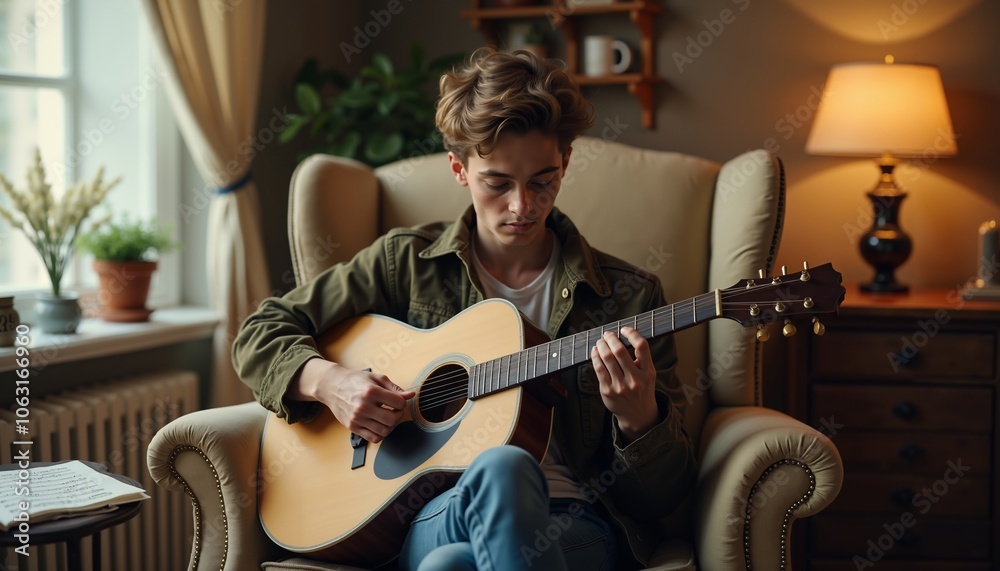 Obraz premium Young man playing acoustic guitar in a cozy living room, immersed in music and relaxation, representing creativity, passion, and the art of musical expression. 