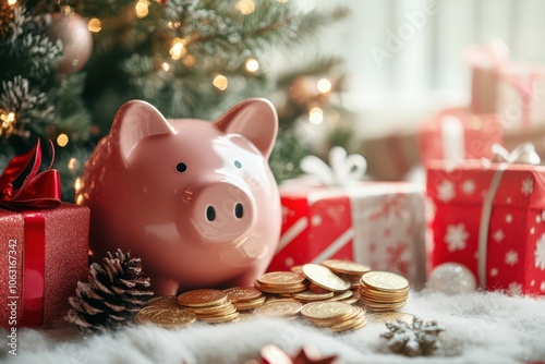 Pink piggy bank with golden coins beside Christmas presents photo