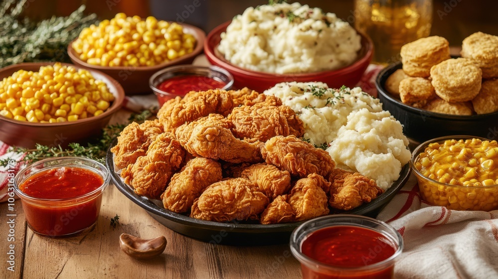 A Thanksgiving-style table with a grand platter of Popeyes A Thanksgiving-style table with a grand platter of Popeyes