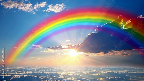 Amazing bright rainbow in beautiful evening blue cloudy sky after rain and thunderstorm