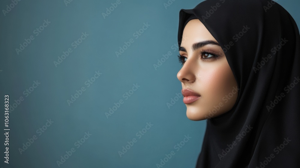 A thoughtful Muslim woman in a hijab, gazing into the distance A thoughtful Muslim woman in a hijab, gazing into the distance