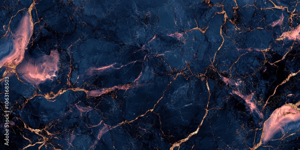 Navy Blue Marble with Pink and Gold Veins. Luxurious Stone Surface Detail Navy Blue Marble with Pink and Gold Veins. Luxurious Stone Surface Detail