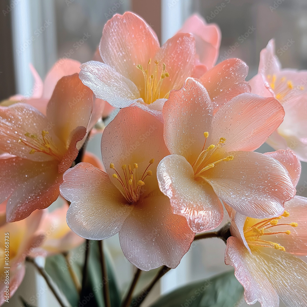 Delicate artificial flowers with shiny petals and water droplets on a soft background Delicate artificial flowers with shiny petals and water droplets on a soft background