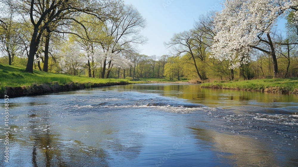 A calm spring river reflecting blossoming trees and the sky, with gentle ripples from the flowing water creating a serene scene A calm spring river reflecting blossoming trees and the sky, with gentle ripples from the flowing water creating a serene scene