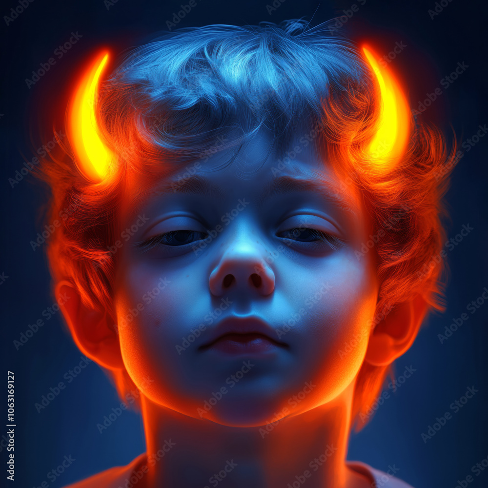 A young child with glowing horns in a dark, colorful setting showcasing unique lighting effects A young child with glowing horns in a dark, colorful setting showcasing unique lighting effects