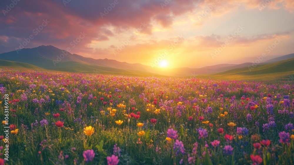 A cinematic spring landscape with rolling hills covered in vibrant wildflowers, set against a dramatic sky with soft sunlight filtering through A cinematic spring landscape with rolling hills covered in vibrant wildflowers, set against a dramatic sky with soft sunlight filtering through